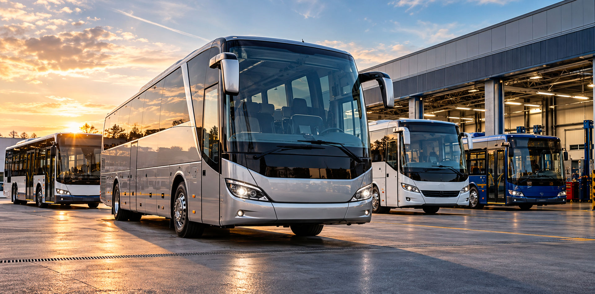 Flotta di autobus e bus in un moderno centro assistenza e ricambi