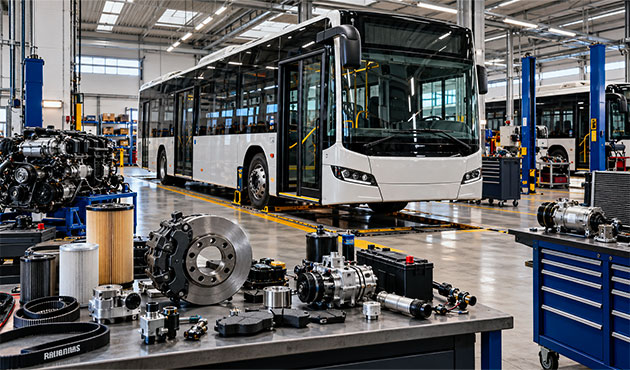 Autobus moderno in officina con ricambi per freni, motore, filtri, batteria e climatizzazione