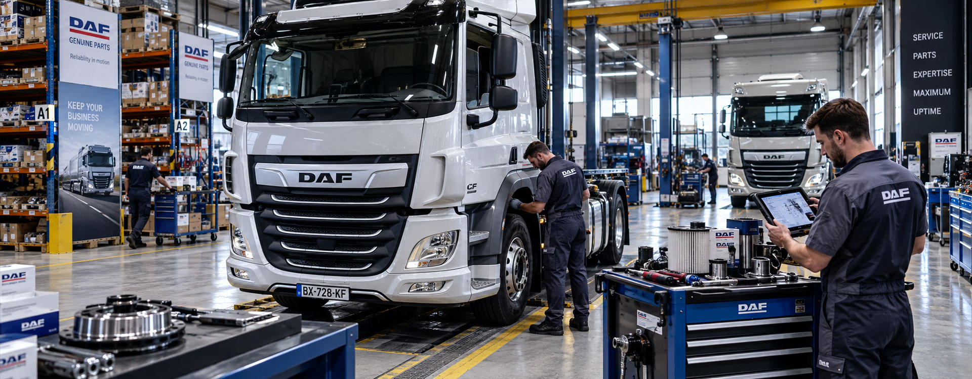 DAF CF in officina durante un intervento di manutenzione con tecnici specializzati e ricambi pronti per l’installazione