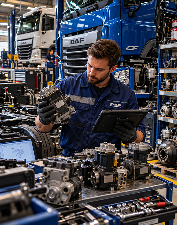 Tecnico specializzato verifica un ricambio DAF CF con tablet diagnostico in officina