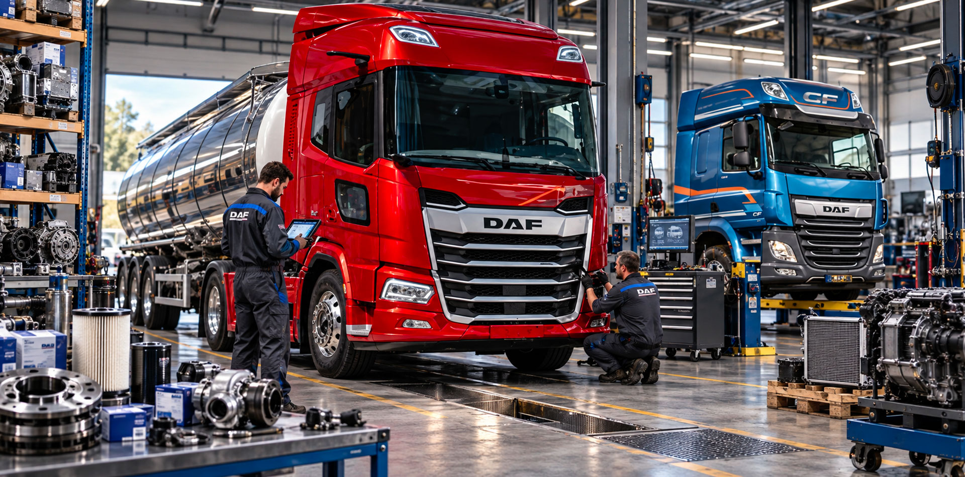 Camion DAF in officina specializzata con tecnici e ricambi per autocarri e trattori stradali