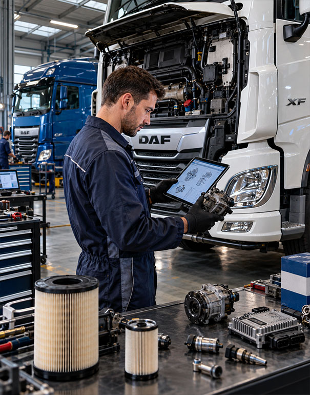 Tecnico in officina identifica la corretta referenza di ricambio per camion DAF con tablet diagnostico