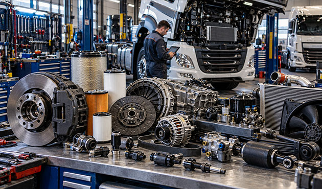 Ricambi DAF XF e CF per camion con componenti freni, filtri, trasmissione ed elettrico in officina specializzata
