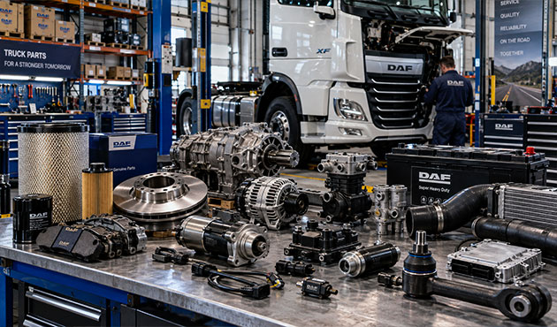 Ricambi e componenti per camion DAF XF su banco tecnico in officina specializzata