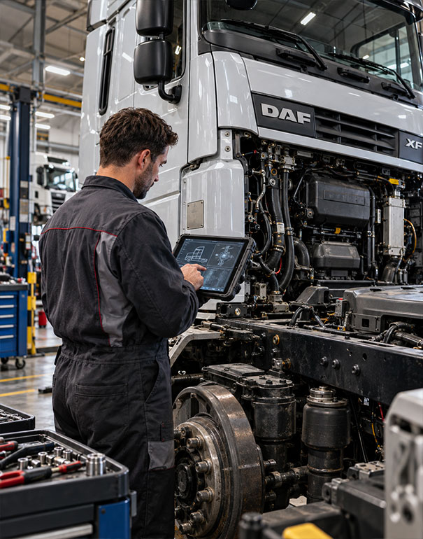 Tecnico in officina verifica ricambi DAF XF tramite tablet, telaio VIN e dati tecnici del veicolo