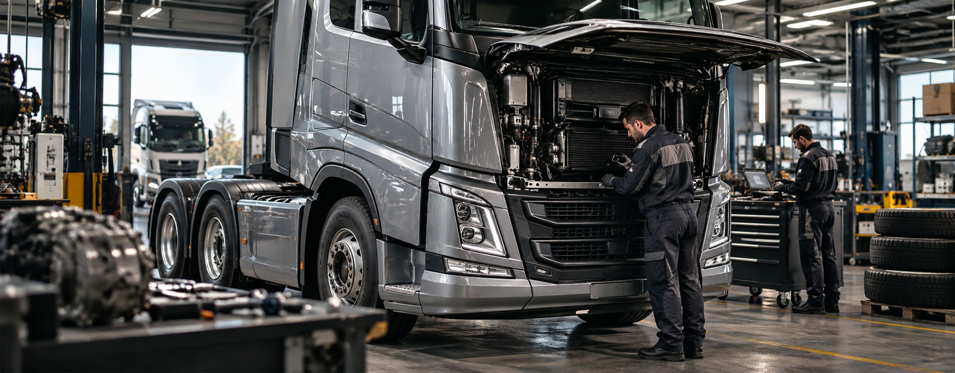 Tecnici specializzati durante la manutenzione di un camion in un'officina per veicoli industriali
