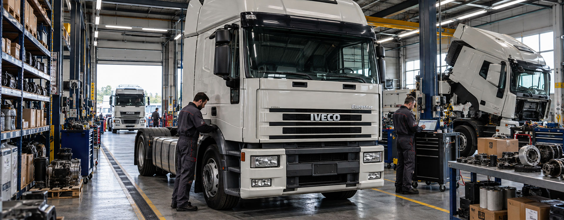 IVECO Eurostar in officina specializzata durante un intervento di manutenzione con tecnici e ricambi per veicoli industriali