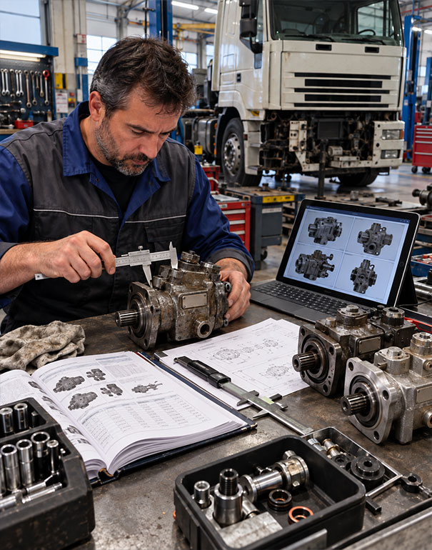 Tecnico specializzato verifica la compatibilità di un ricambio IVECO Eurostar con calibro e documentazione tecnica