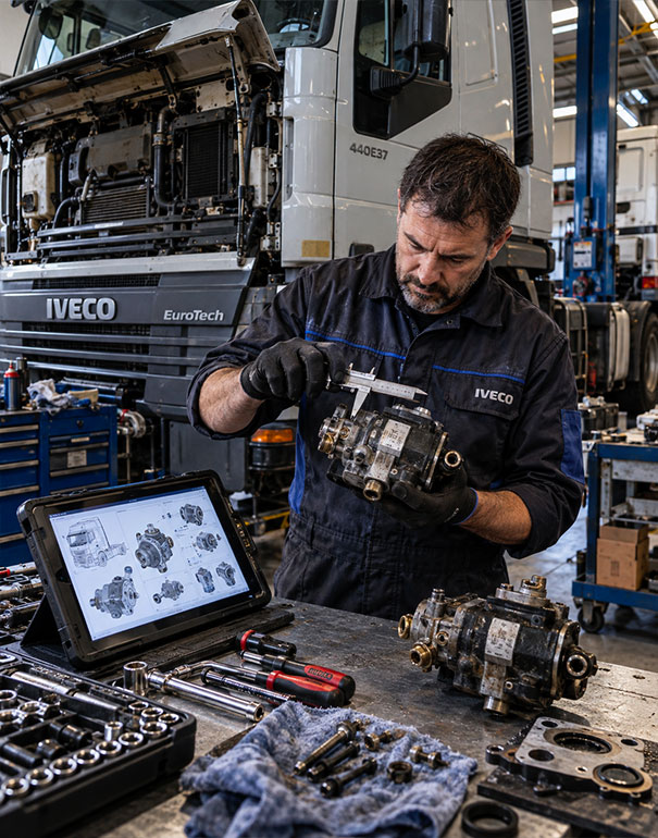 Tecnico specializzato verifica un ricambio IVECO Eurotech con calibro e catalogo digitale in officina