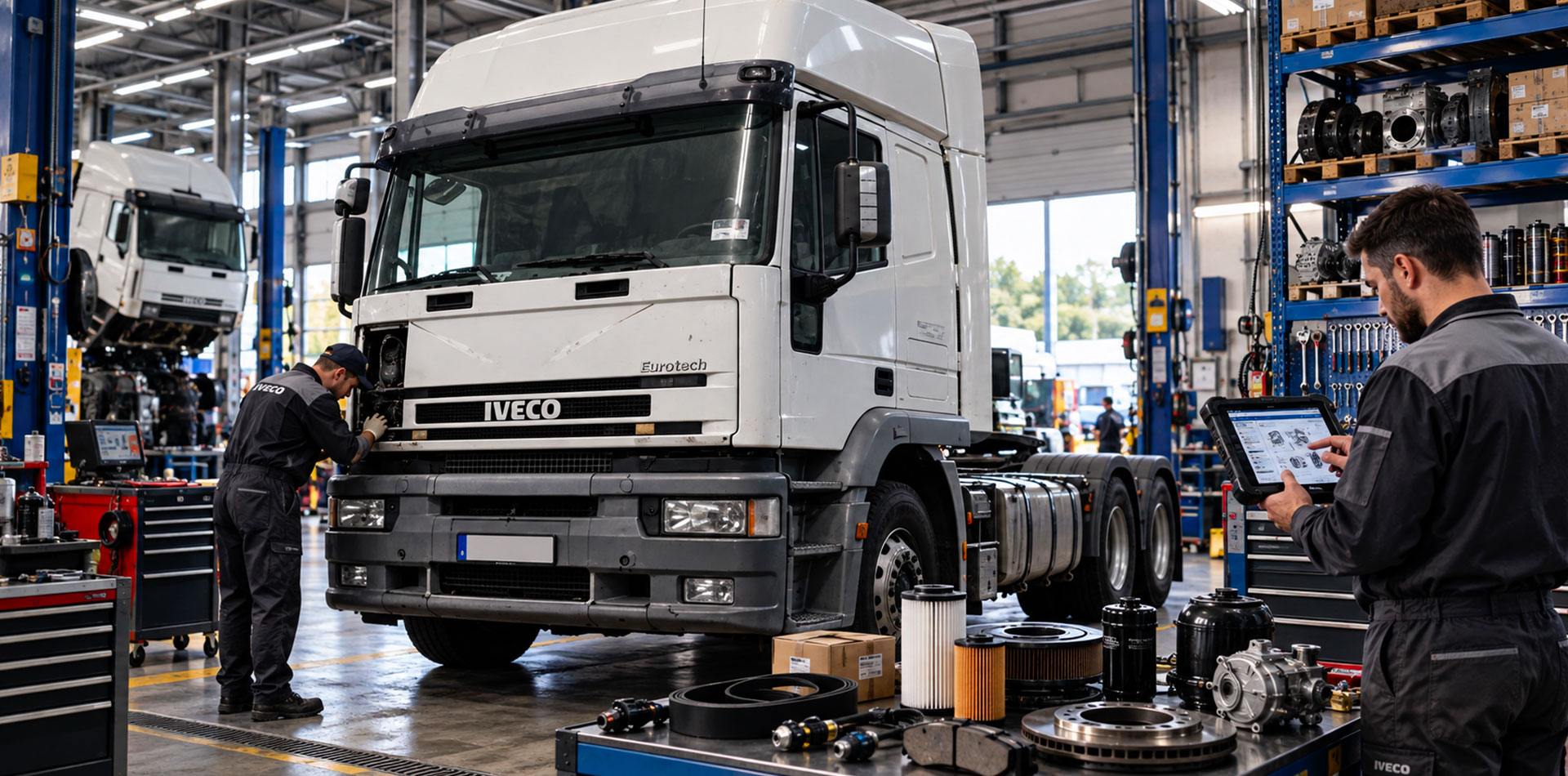 IVECO Eurotech in officina durante manutenzione e verifica dei ricambi con tecnico specializzato