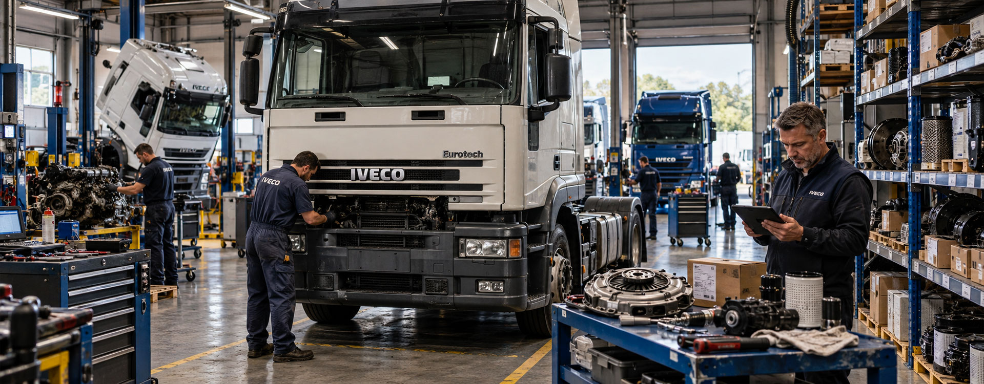 IVECO Eurotech in officina durante manutenzione con tecnico, ricambi e supporto per flotte