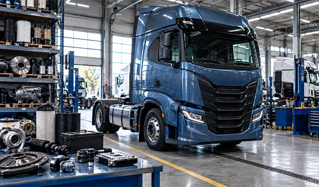 Camion IVECO in officina professionale con ricambi per motore, freni, trasmissione, filtri e componenti industriali