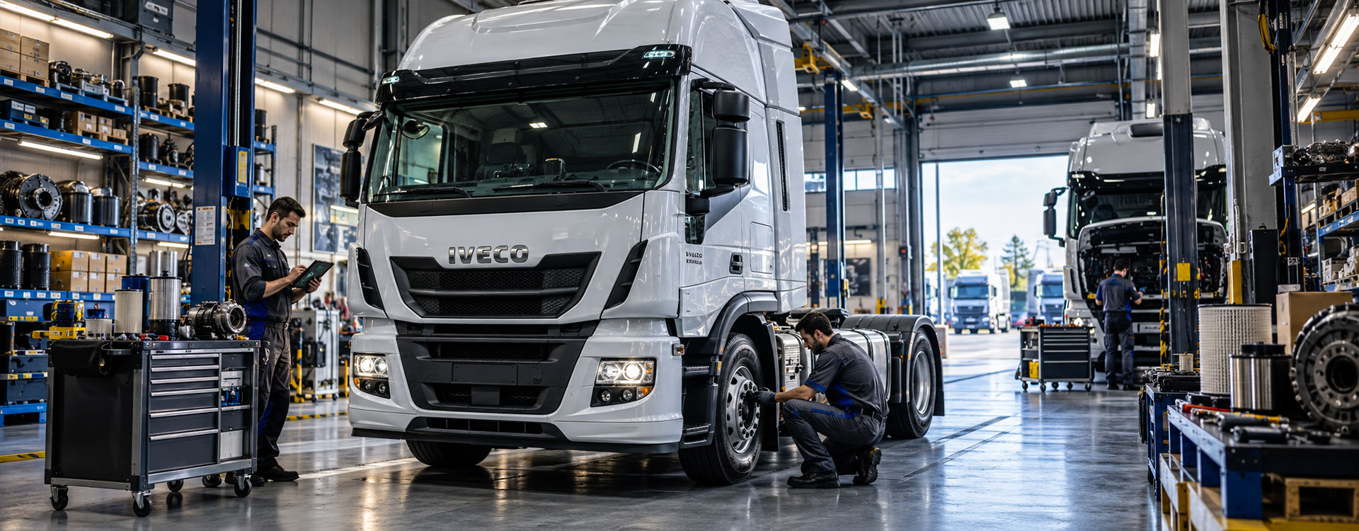 IVECO Stralis in officina durante gli ultimi controlli con tecnici, ricambi e diagnostica professionale