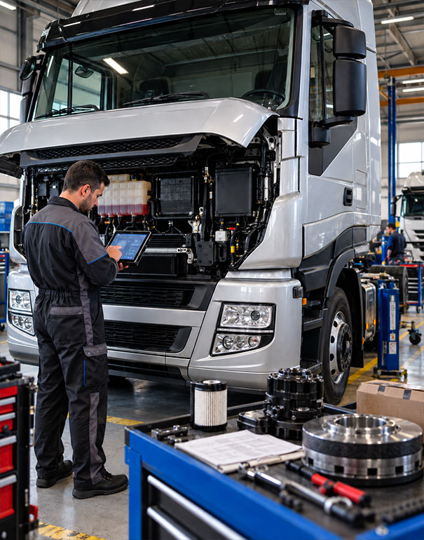 Tecnico in officina verifica ricambi IVECO Stralis tramite tablet diagnostico e identificazione del veicolo