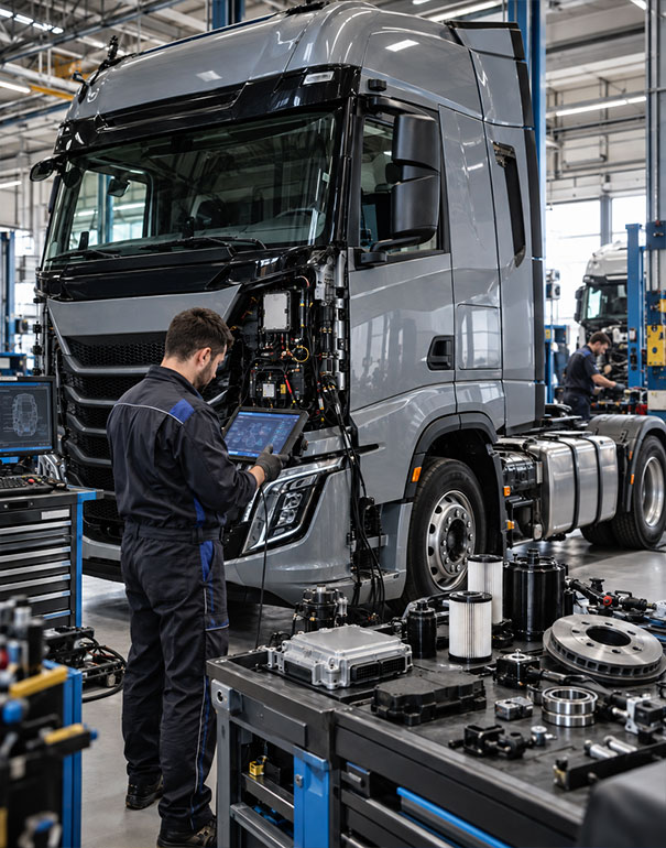 Tecnico in officina durante la diagnosi elettronica di un camion IVECO S-Way per l’identificazione dei ricambi corretti