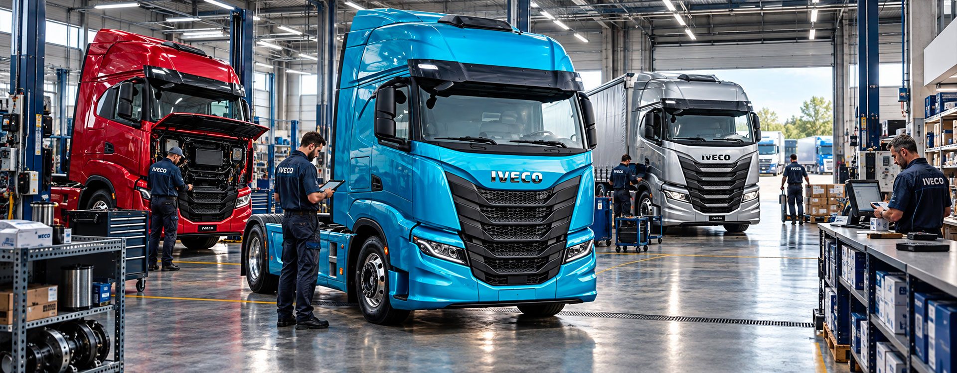 Flotta di camion IVECO S-Way in officina con tecnici specializzati, gestione ricambi e manutenzione professionale