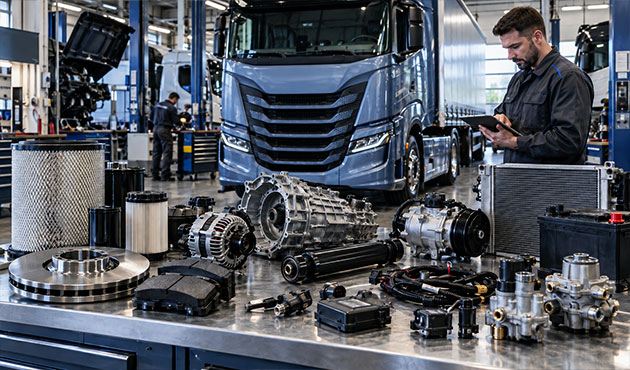 Ricambi e componenti per IVECO S-Way su banco tecnico in officina professionale per camion a lungo raggio