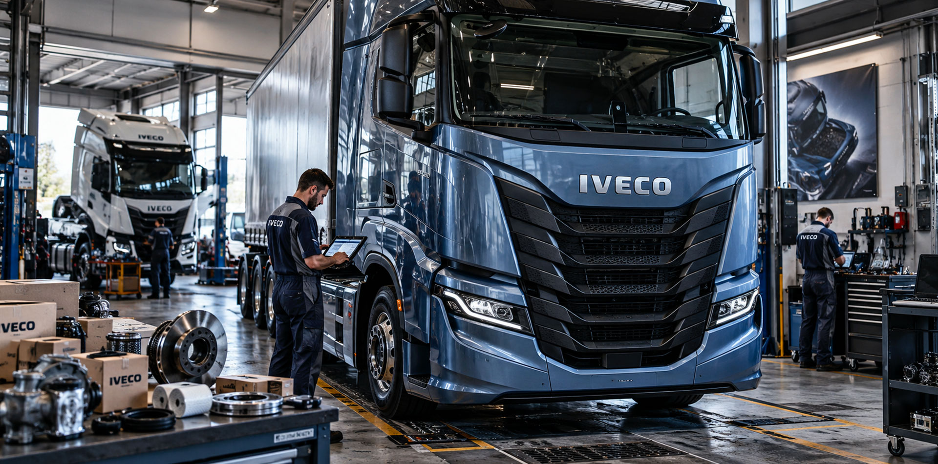 IVECO S-Way in officina specializzata durante un intervento di manutenzione con tecnici e ricambi