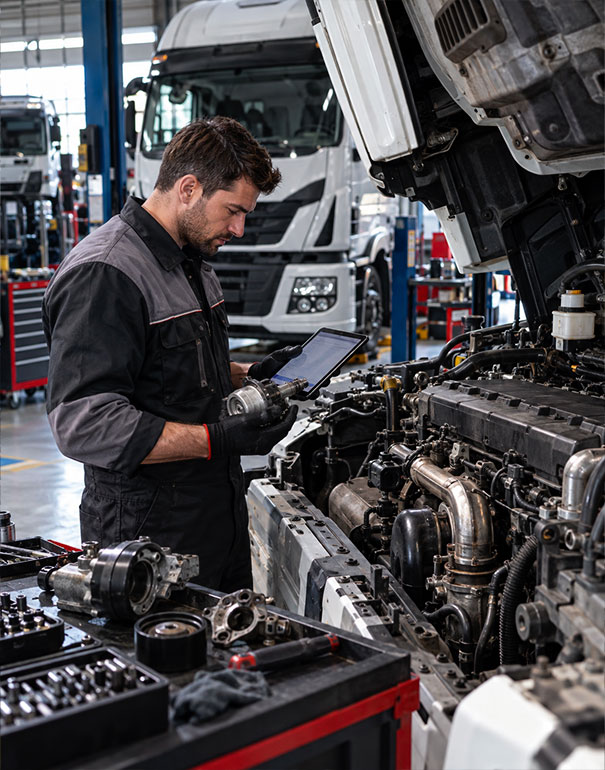 Tecnico in officina verifica un ricambio motore IVECO Tector con tablet diagnostico