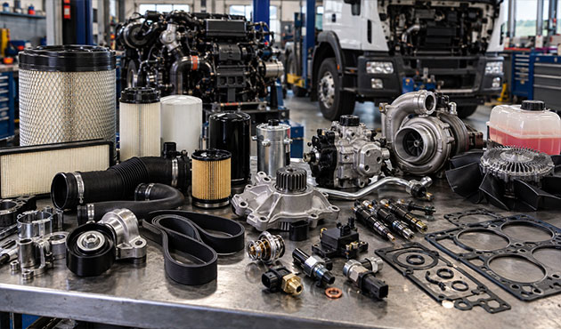 Ricambi e componenti per motori IVECO FPT Tector su banco officina con motore industriale sullo sfondo