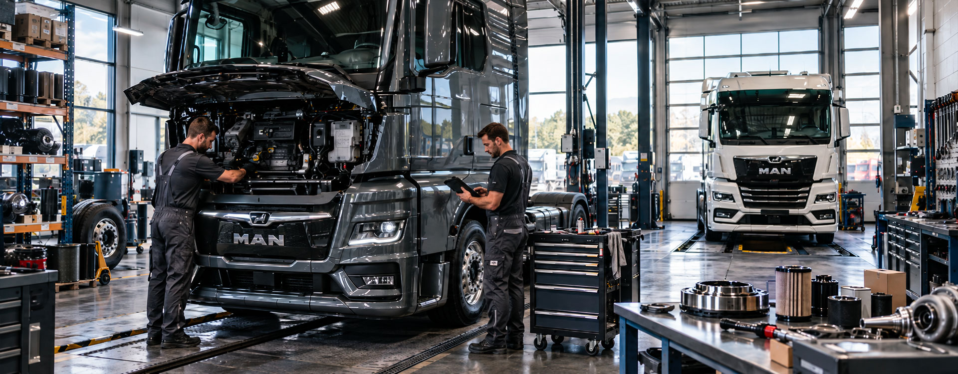 Camion MAN TGX in manutenzione in officina specializzata con tecnici, diagnostica e ricambi per flotte e veicoli industriali