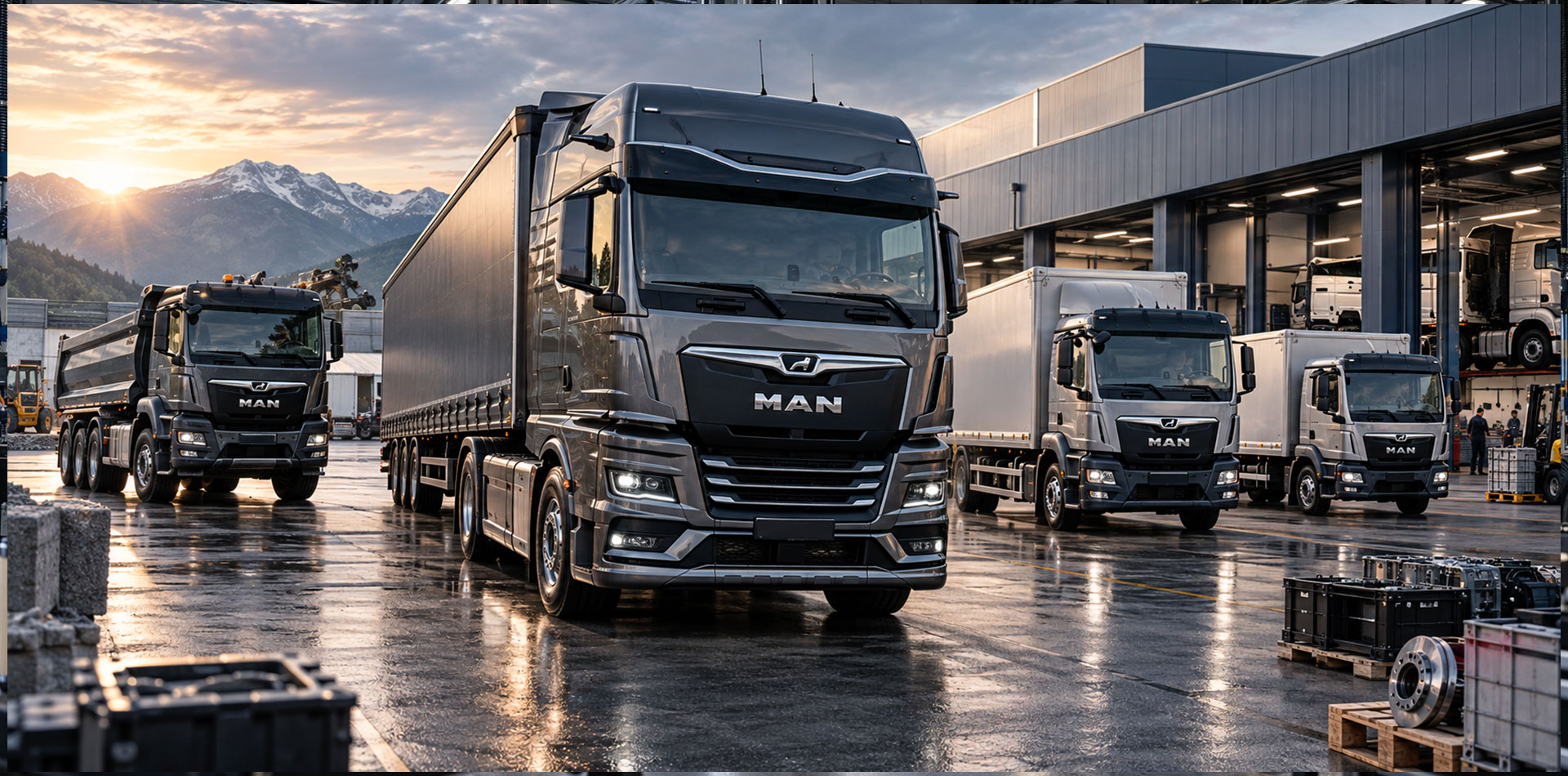 Camion MAN TGX, TGS, TGM e TGL in area logistica per ricambi e assistenza professionale
