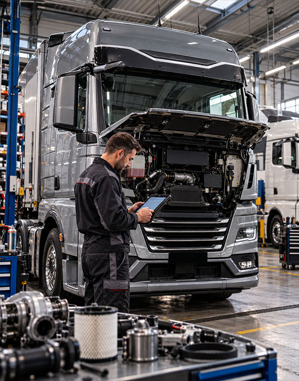 Tecnico in officina controlla un camion MAN TGX con tablet per identificare correttamente i ricambi