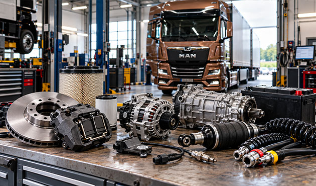 Ricambi e componenti per MAN TGX disposti su un banco tecnico in officina, con camion MAN TGX sullo sfondo