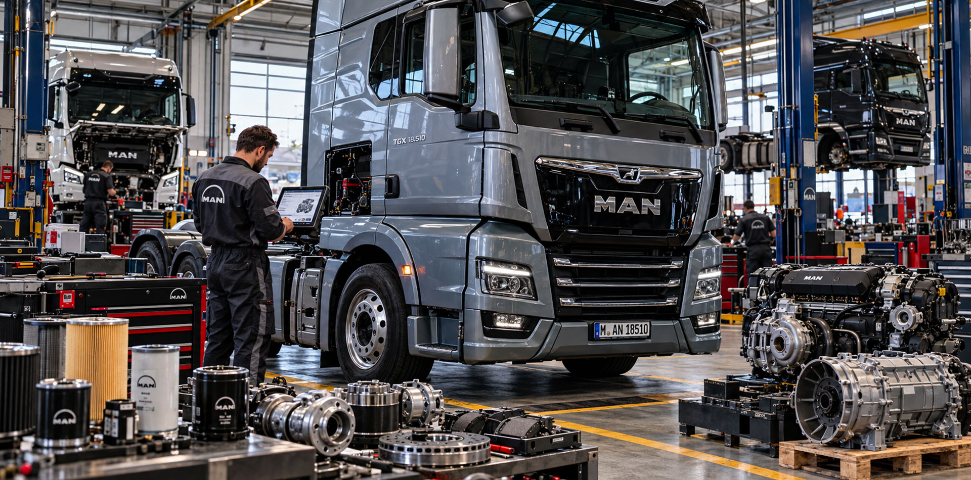 Camion MAN TGX in officina professionale con tecnico e ricambi per motore, freni e trasmissione
