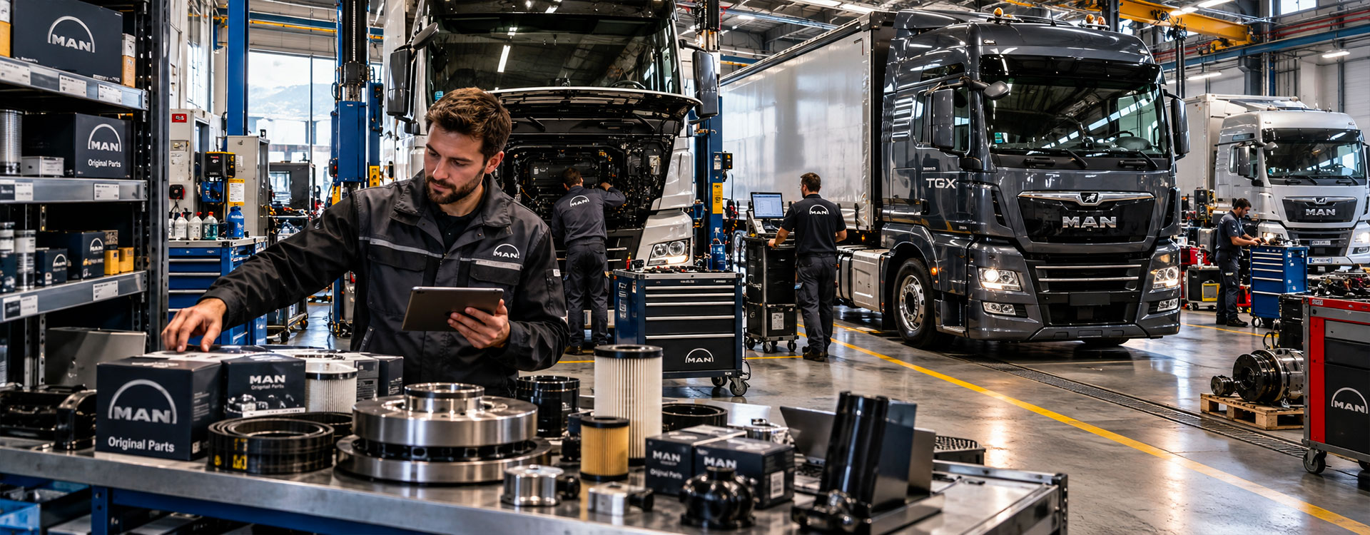 Tecnico in officina con ricambi MAN TGX e più camion in manutenzione in un centro assistenza per flotte e officine