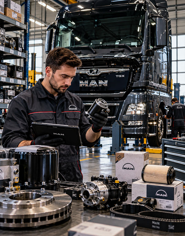 Tecnico specializzato verifica un ricambio MAN TGX con tablet diagnostico in officina, con camion MAN TGX in manutenzione sullo sfondo