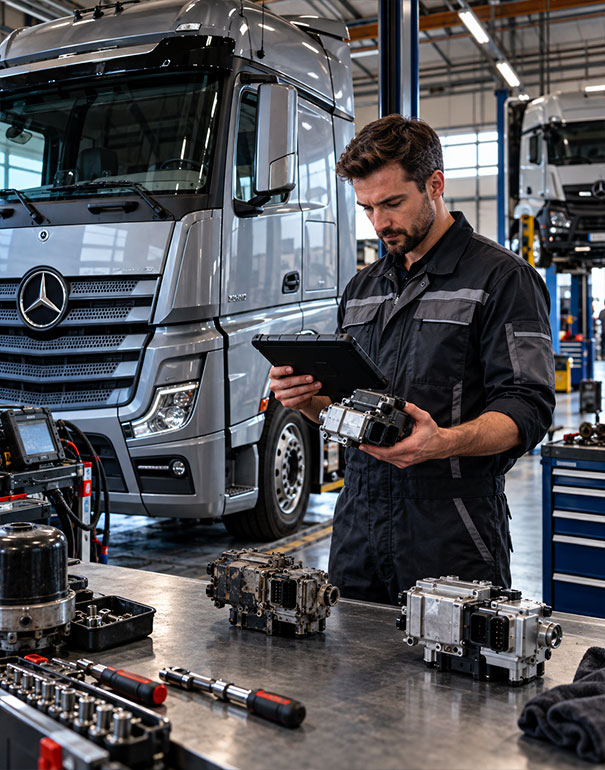 Tecnico in officina verifica la compatibilità dei ricambi Mercedes-Benz Actros tramite tablet e confronto del componente