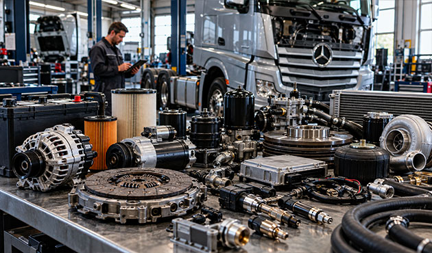 Componenti e ricambi Mercedes-Benz Actros su banco tecnico in officina con camion sullo sfondo