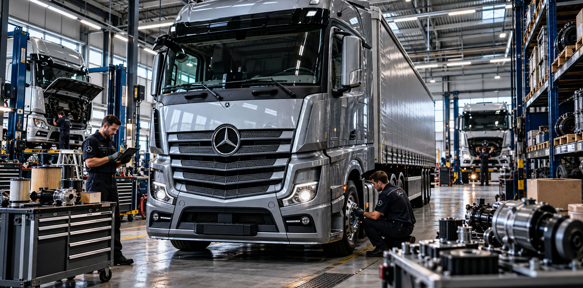 Mercedes-Benz Actros in officina professionale per manutenzione e ricambi camion