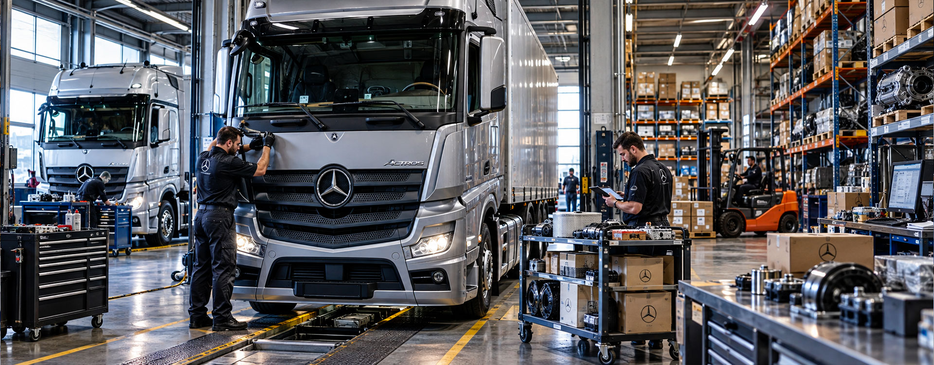 Supporto ricambi Mercedes-Benz Actros per officine e flotte in centro assistenza con tecnici, componenti e area logistica