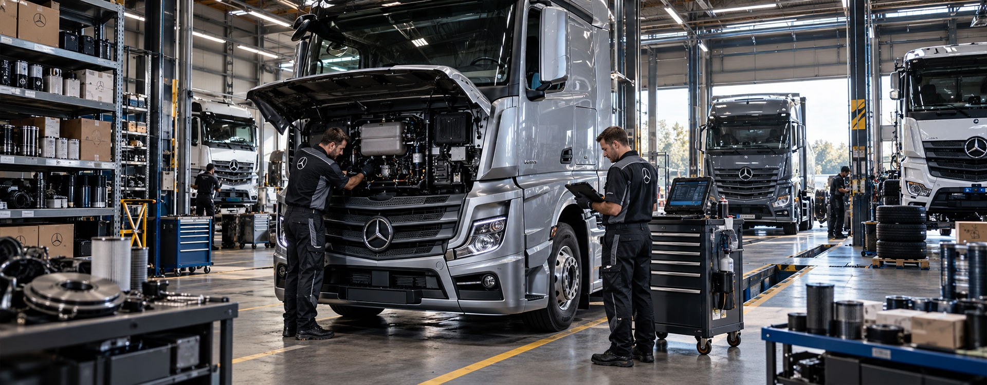 Mercedes-Benz Actros in officina con tecnici specializzati, ricambi e strumenti diagnostici per assistenza flotte