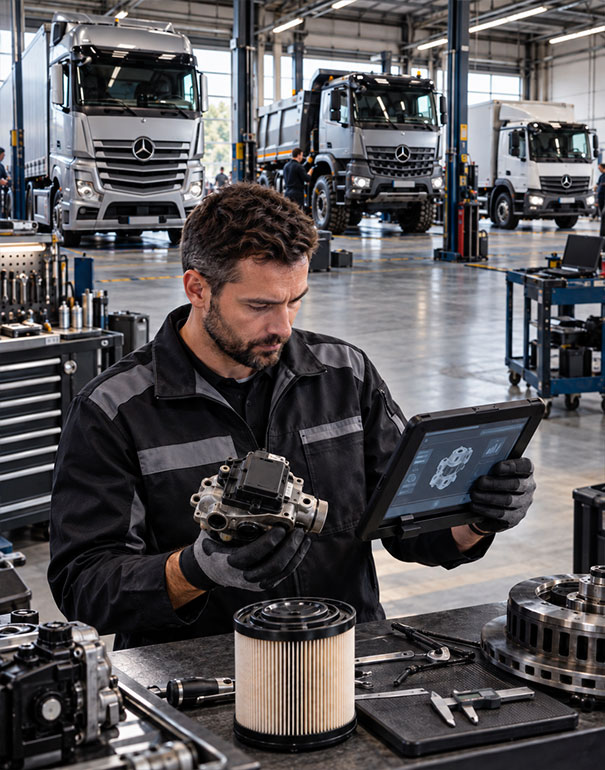 Tecnico specializzato verifica un ricambio Mercedes-Benz Trucks con tablet in officina, con Actros, Arocs e Atego sullo sfondo