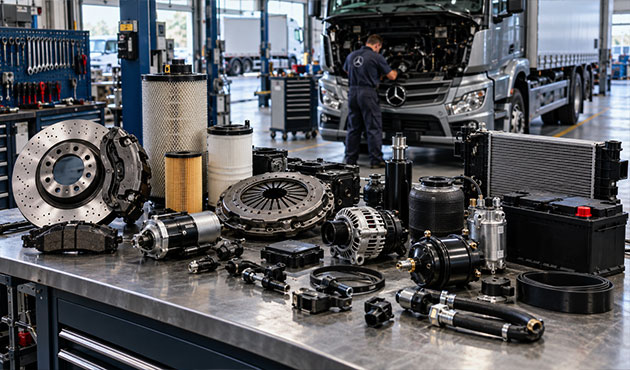 Ricambi e componenti per camion Mercedes-Benz Trucks in officina professionale con Actros in manutenzione