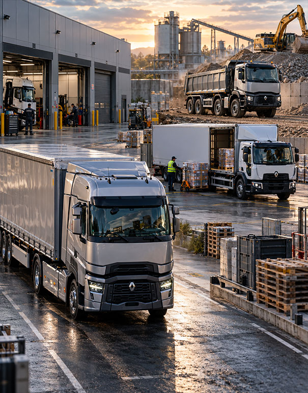 Flotta Renault Trucks con mezzi per lungo raggio, distribuzione e cantiere in hub logistico industriale