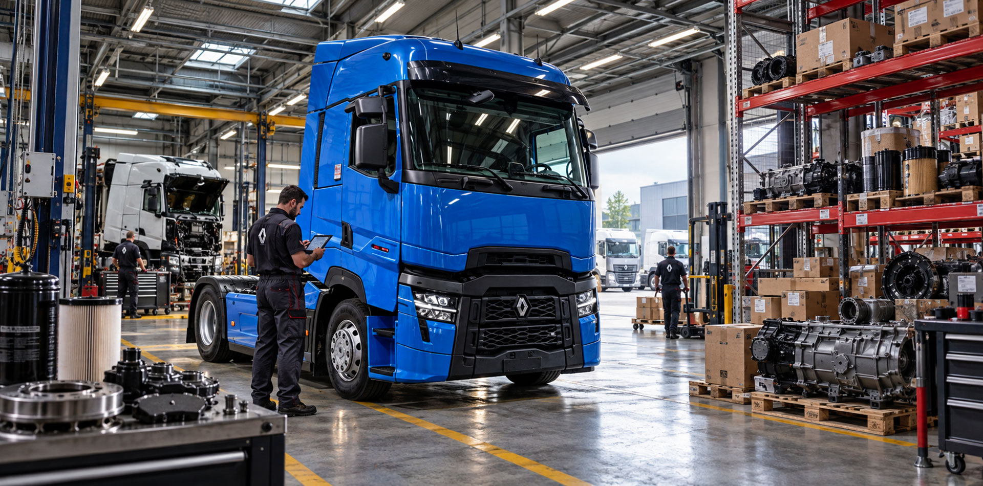 Renault Trucks T in officina professionale con tecnico e ricambi per camion e veicoli industriali