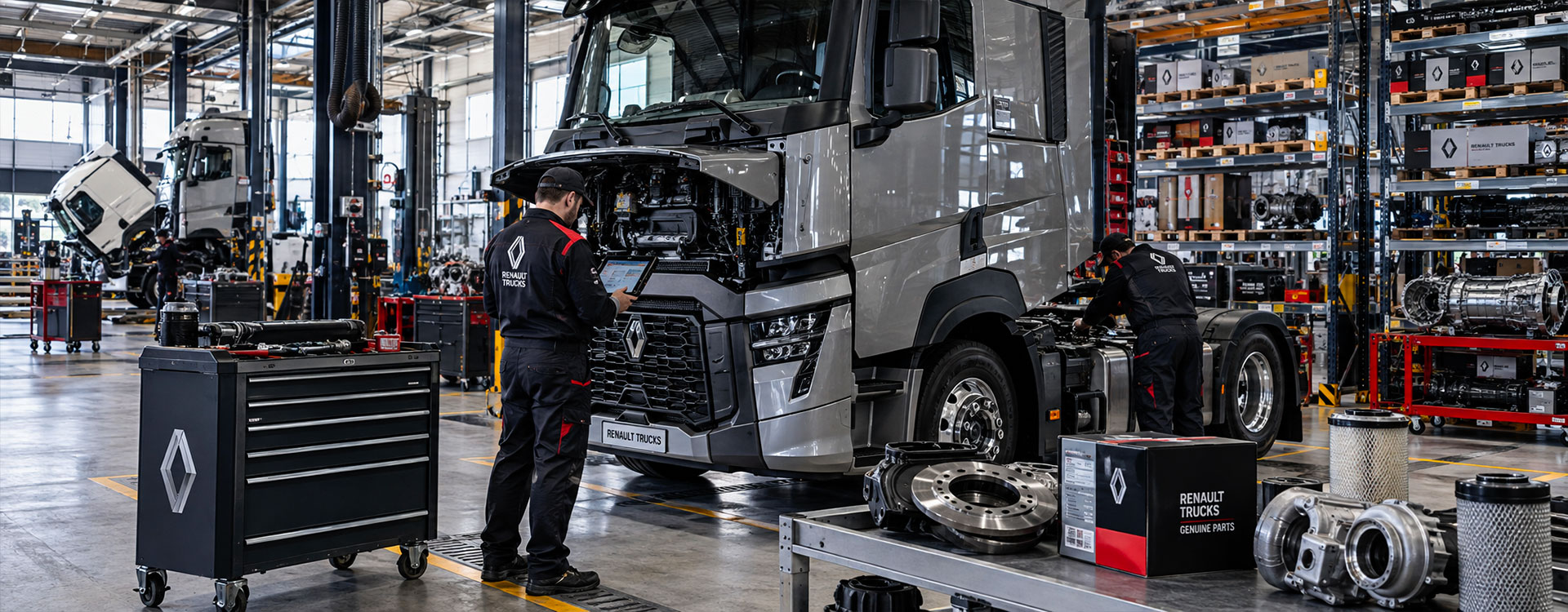 Supporto tecnico e ricambi Renault Trucks in officina specializzata con tecnici durante la manutenzione del camion