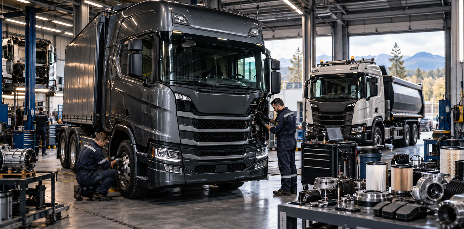 Camion Scania in officina specializzata con tecnici e ricambi per veicoli industriali