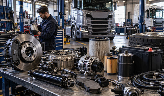 Ricambi e componenti Scania per camion in officina con freni, filtri, alternatore, batteria e sospensioni