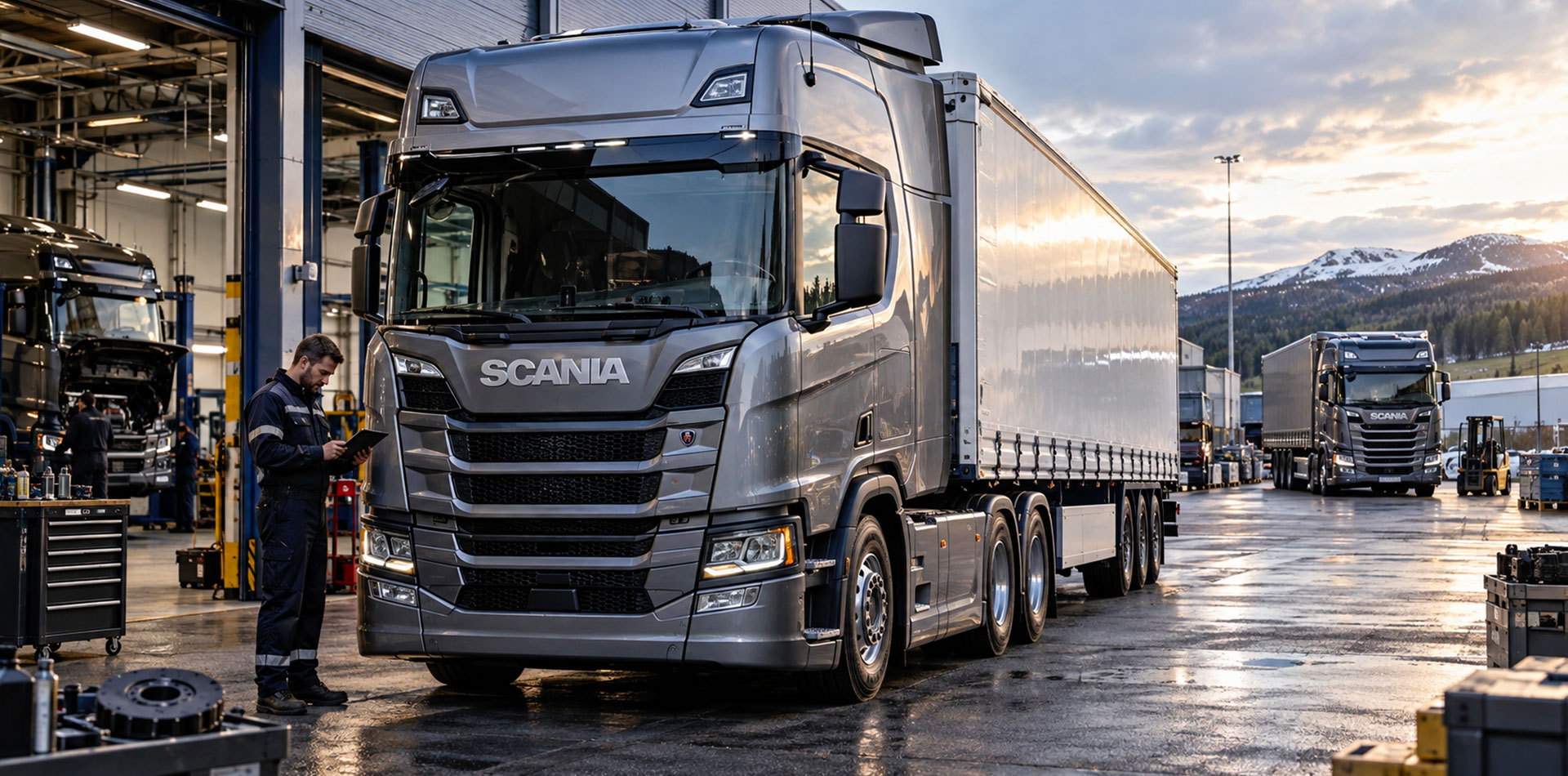 Scania Serie R in centro assistenza flotte con tecnico specializzato e diagnostica per ricerca ricambi