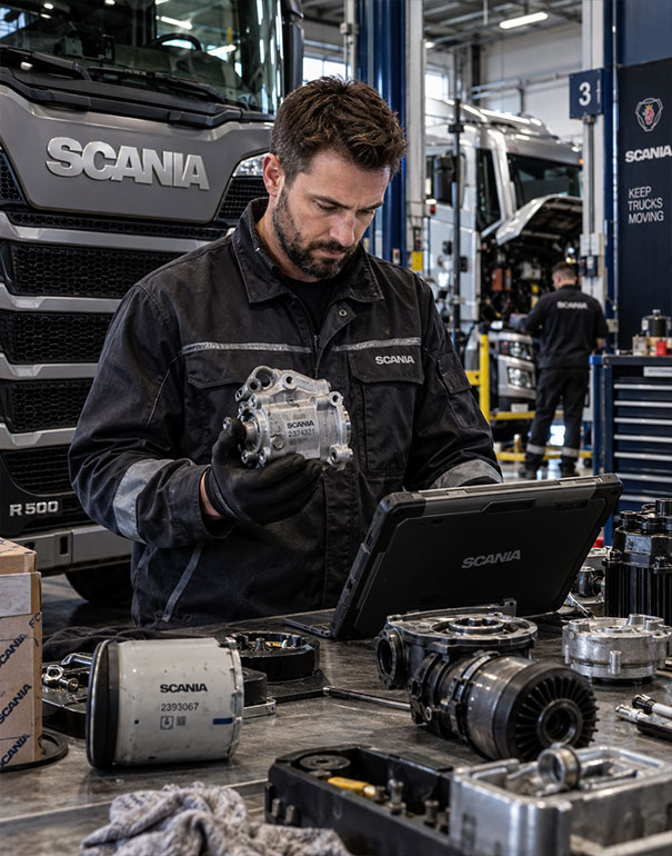 Tecnico specializzato identifica un ricambio per Scania Serie R con tablet diagnostico in officina