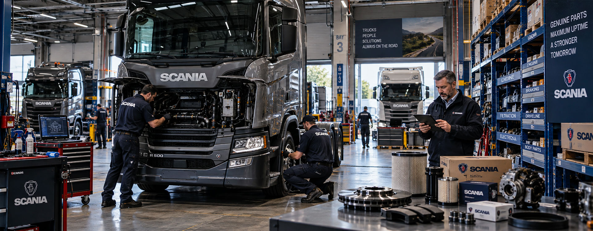 Scania Serie R in centro assistenza con tecnici, ricambi e supporto professionale per flotte e officine
