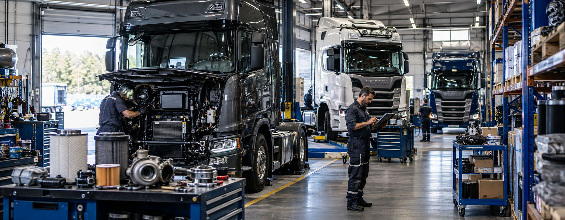 Supporto ricambi Scania per flotte e officine con camion in manutenzione e tecnici specializzati