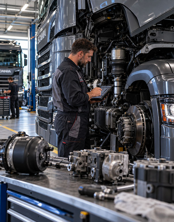 Tecnico specializzato controlla la configurazione di un camion Scania con tablet diagnostico in officina