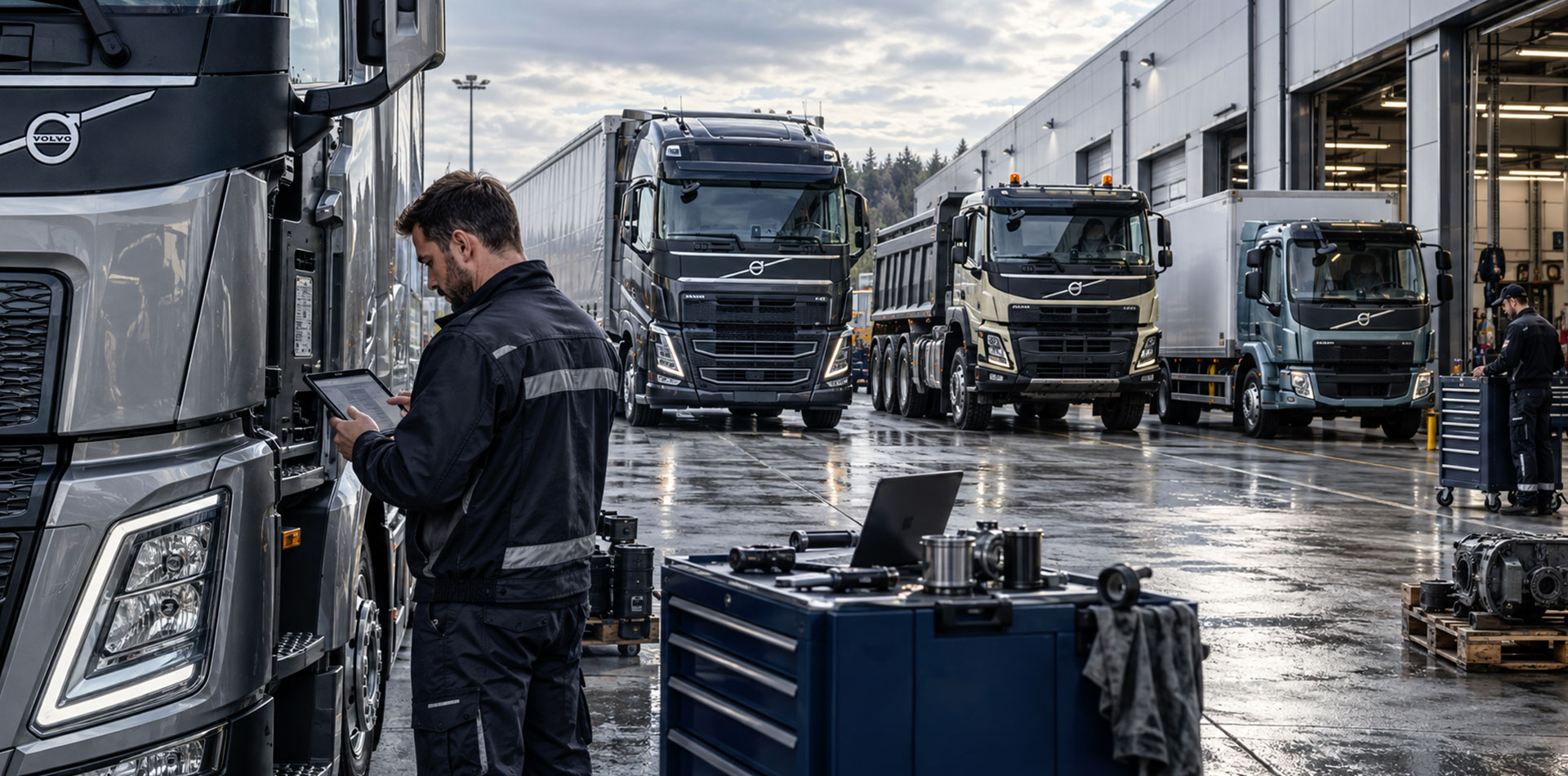 Tecnico durante l’identificazione di un camion Volvo Trucks con diversi mezzi pesanti per la ricerca corretta dei ricambi