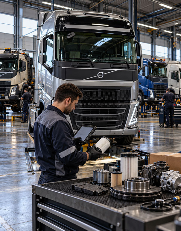 Tecnico in officina verifica ricambi Volvo Trucks su un camion FH con tablet diagnostico